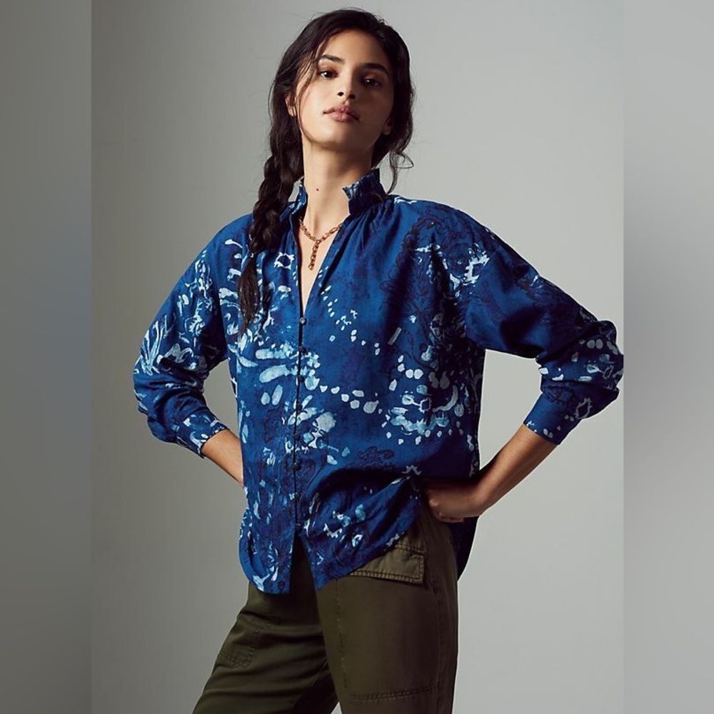 Anthropologie Pilcro Cotton Blend Tavi Ruffled Button Down Top